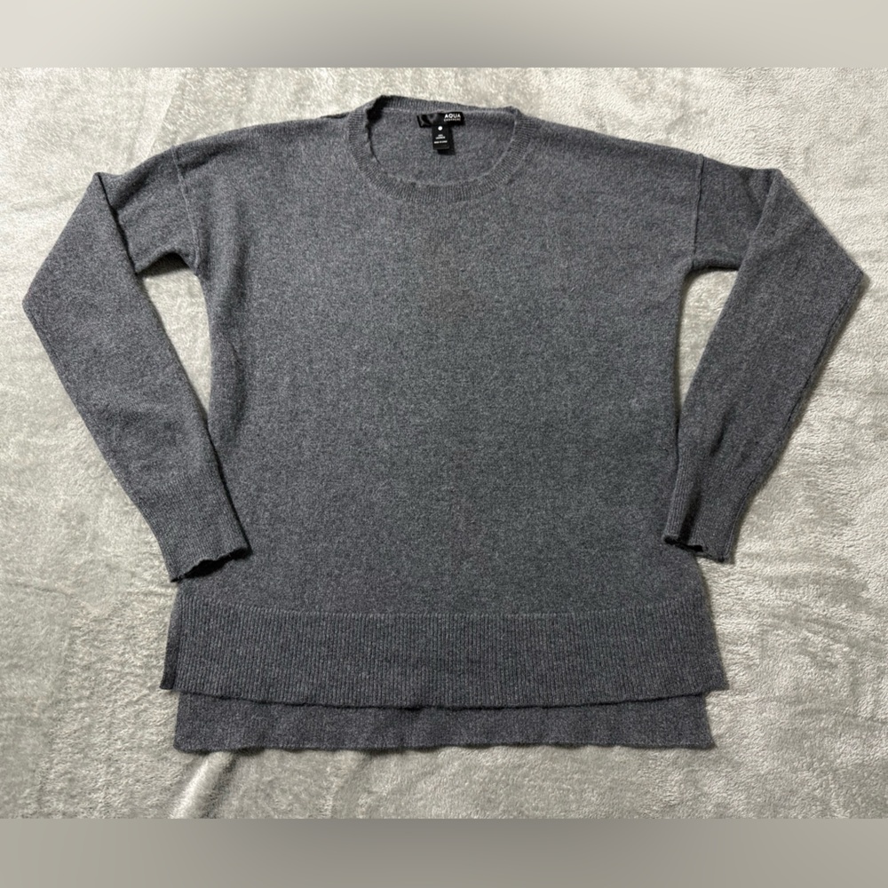 AQUA 100% Cashmere Sweater Womens M Gray Crewneck Ribbed Hem Preppy